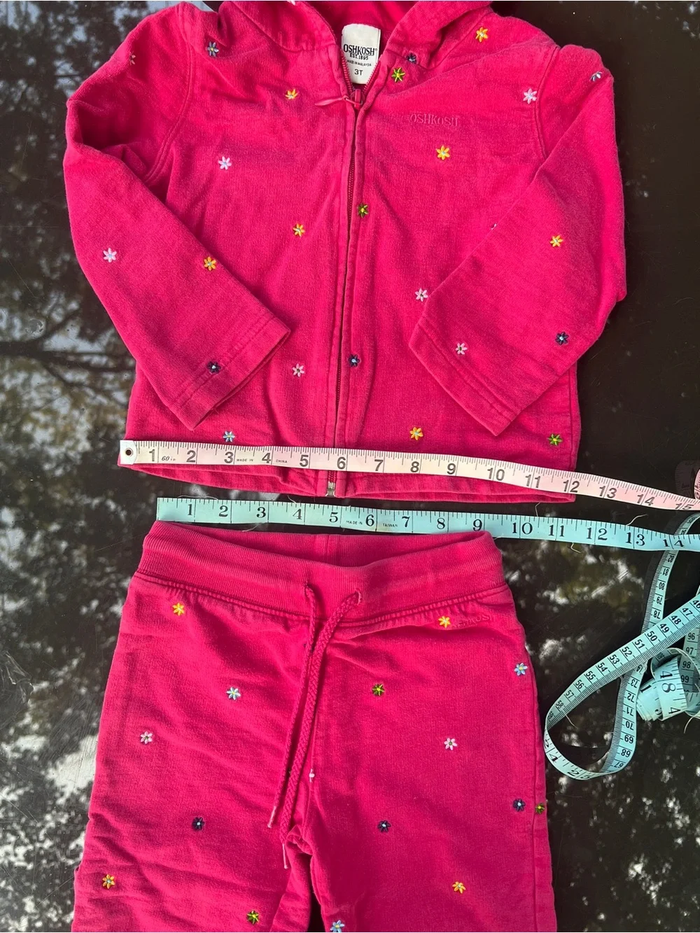 Y2K OshKosh Girls 3T 2pc Pink Floral Embroidered Zip Hoodie & Pants Set